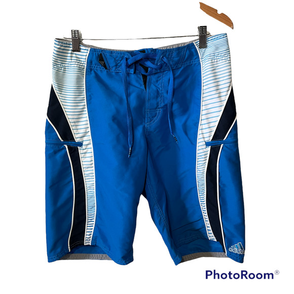 Adidas Blue Stripe Men's Drawstring Waist Surf Beach Swim Trunk Board Shorts 30 - Picture 1 of 9